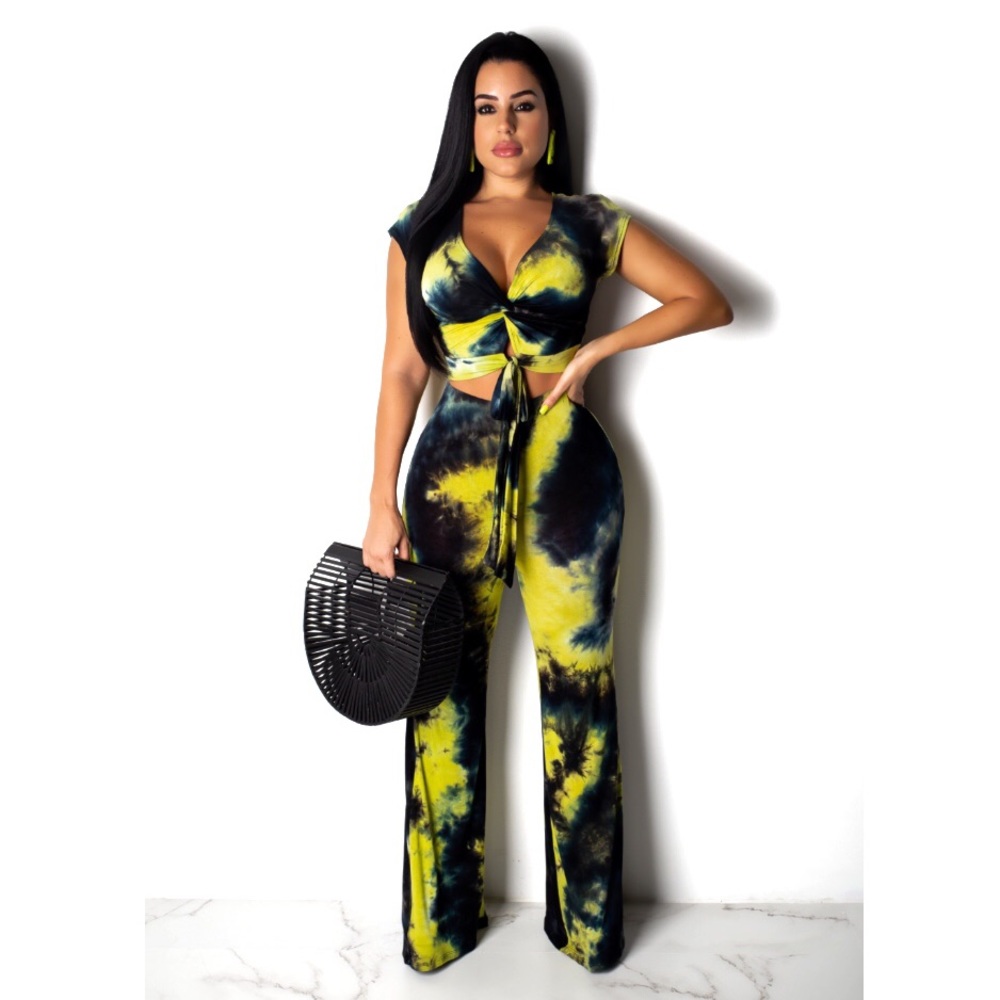 Tie Dye Black Yellow Wide Leg Pants Stretchy Set